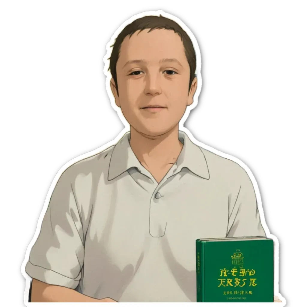 A boy wearing a white shirt and holding a green book.