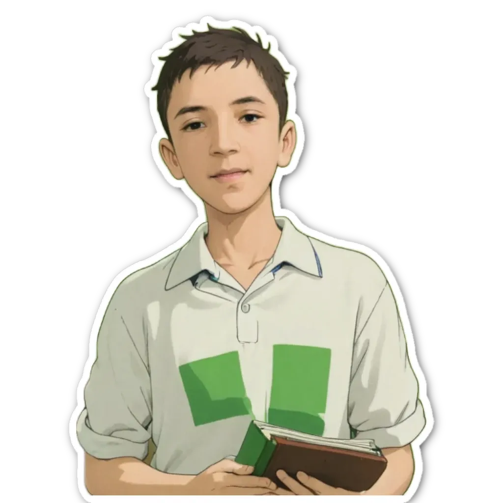 A boy is holding a book and wearing a white shirt with green squares.