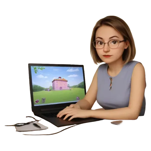 A woman is sitting at a laptop with a cartoon house in a game.