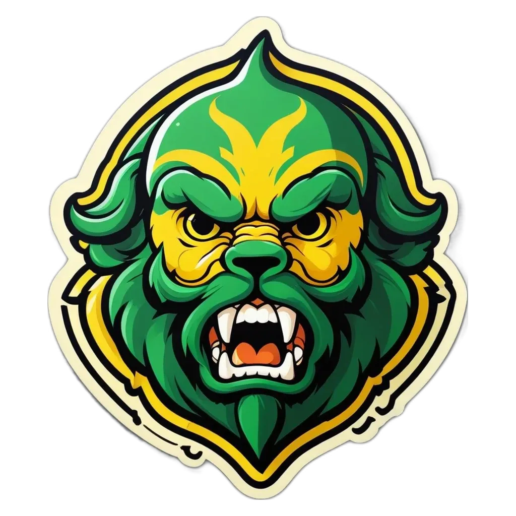 A mascot with a green beard and yellow teeth that is representing a team.