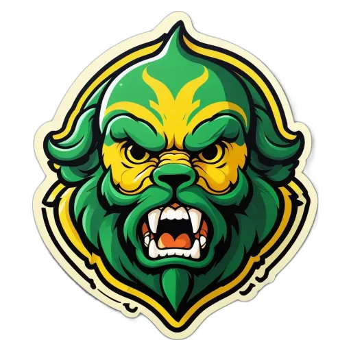 A mascot with a green beard and yellow teeth that is representing a team.