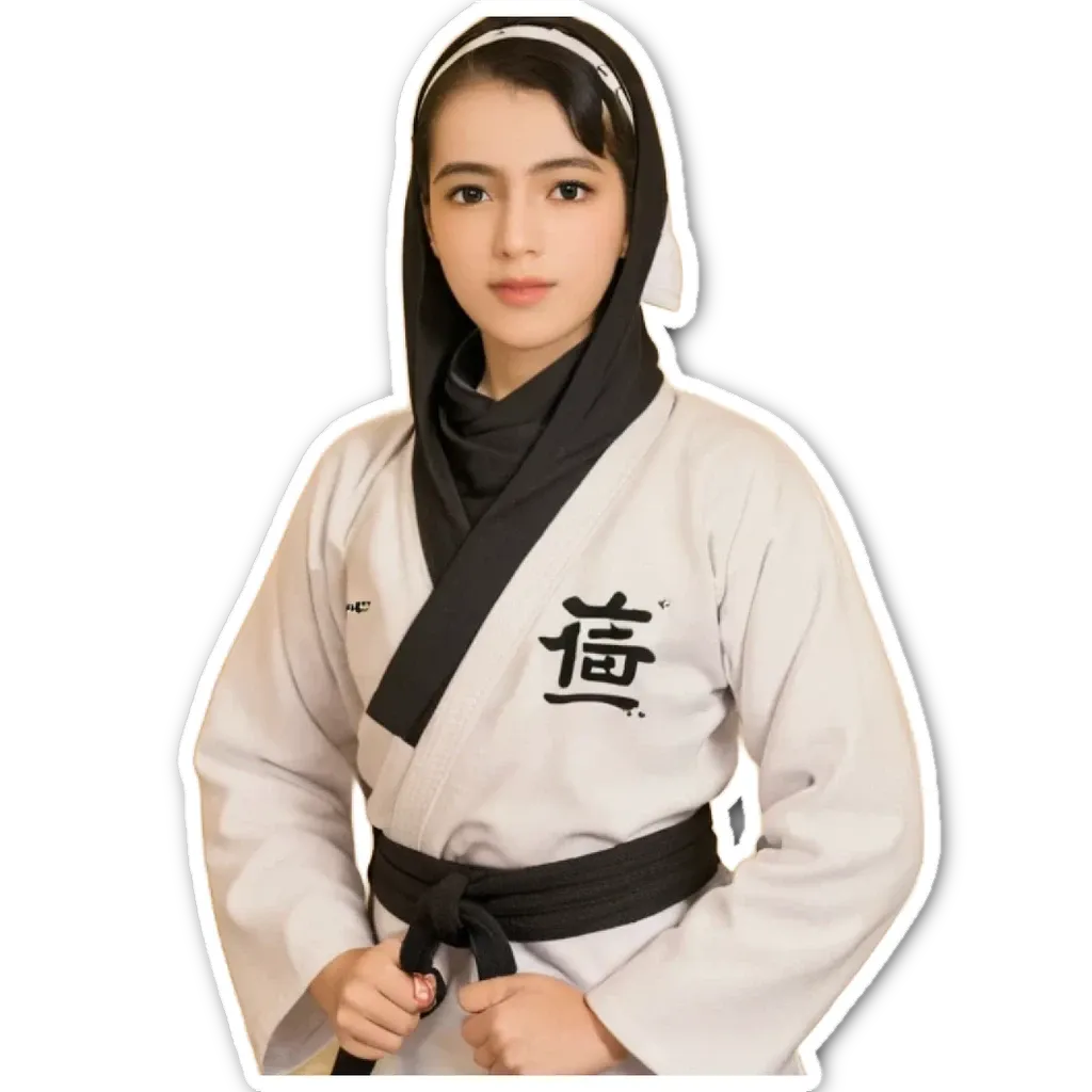 A girl wearing a karate outfit that has the word shiite on it.