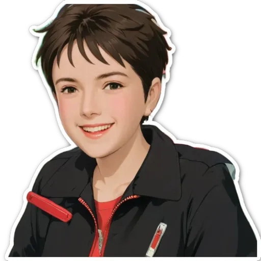 A girl with a red shirt and black jacket is smiling.