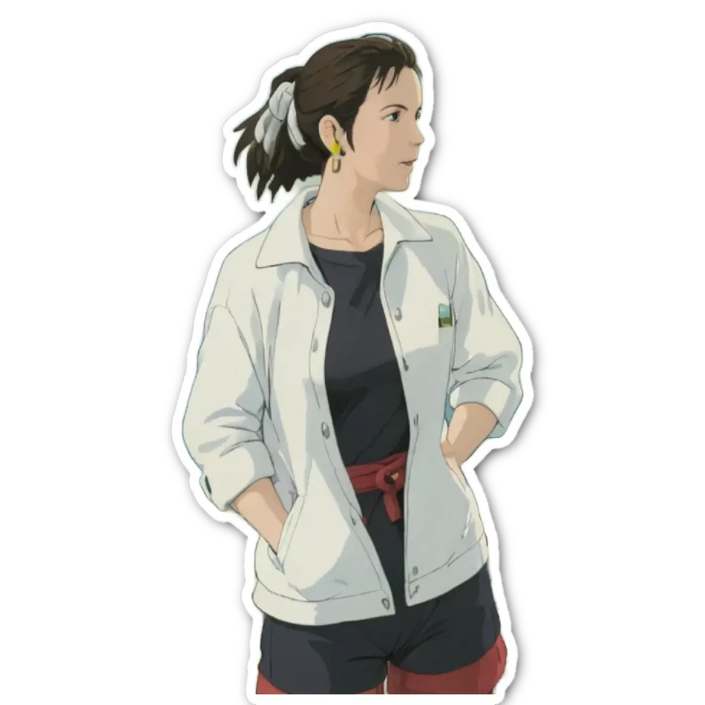 A girl with a white jacket and red skirt stands with her hands in her pockets.