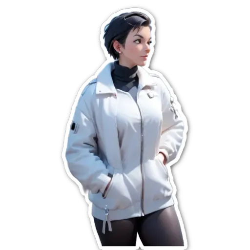 A sticker of a girl wearing a white jacket with black sleeves.