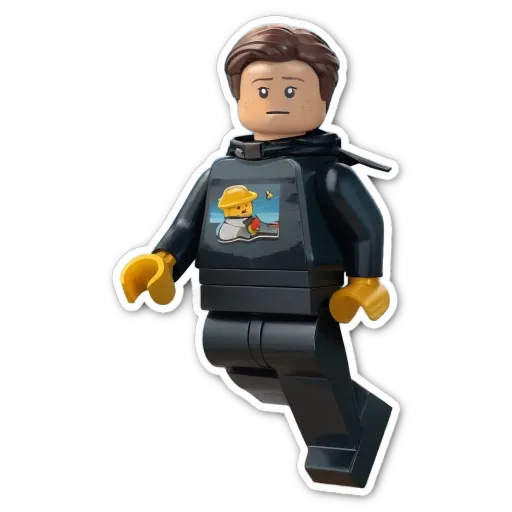 A black lego person who is wearing a yellow and black jacket.