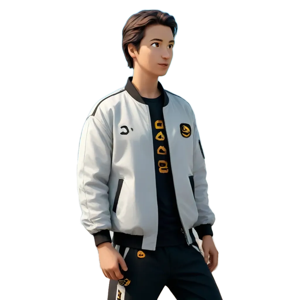 A boy wearing a white jacket with black and gold designs on it.