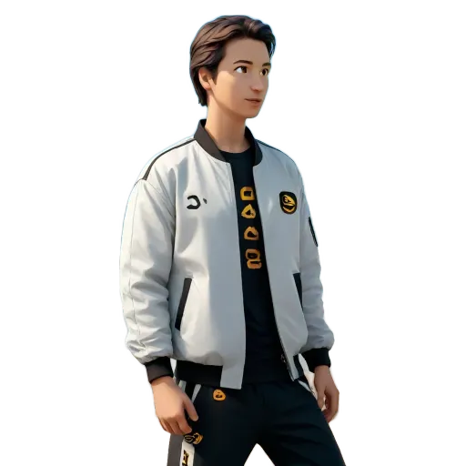 A boy wearing a white jacket with black and gold designs on it.