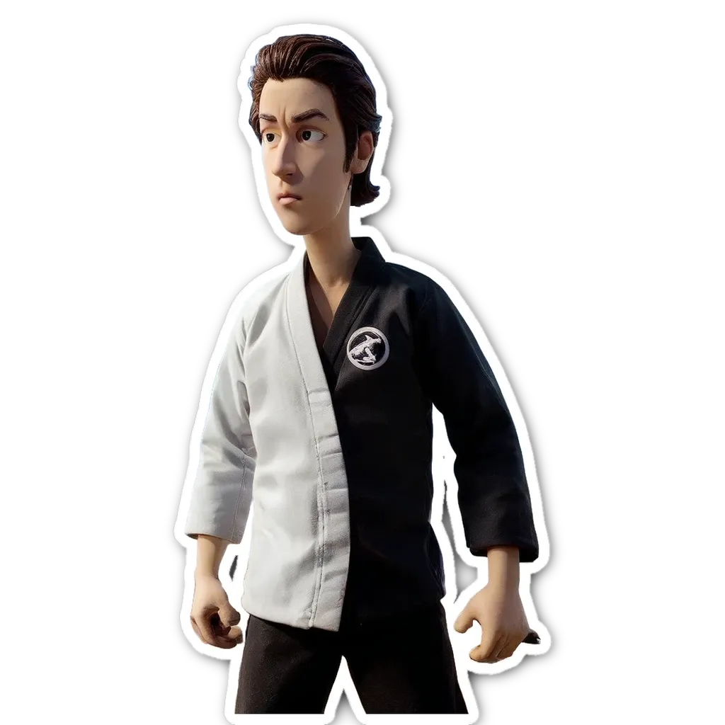 A boy in a karate uniform that has a black and white design.