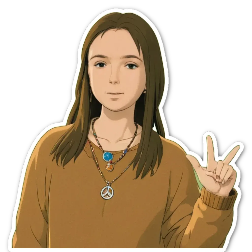 A woman is shown making a peace sign with her hand.