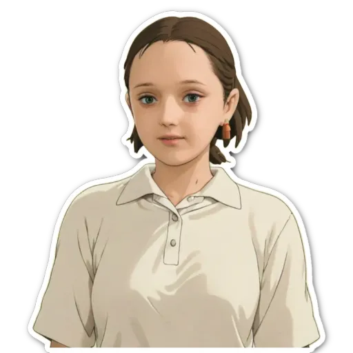 A girl wearing a white shirt has a sticker of her on her shoulder.