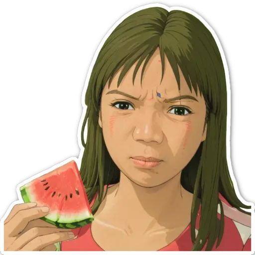 A woman holding a slice of watermelon.