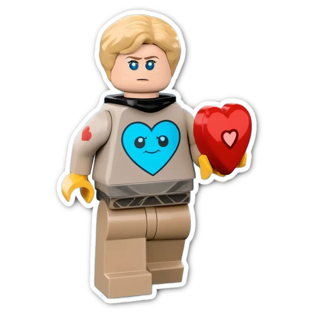 A Lego figure with a heart and blue eyes holding a red heart.