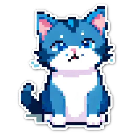 A cat sticker in blue and white that is pixelated.