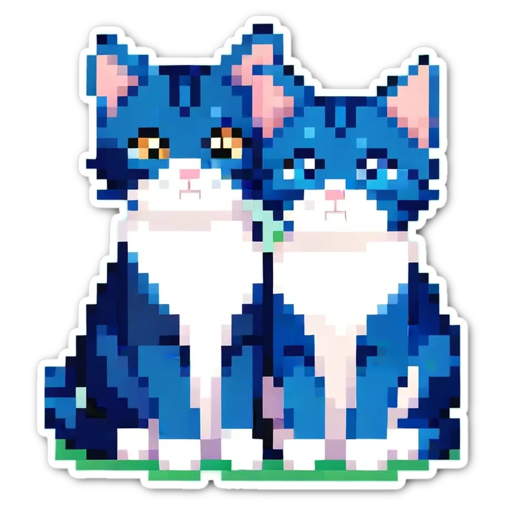 Two cats in a pixelated sticker form with one being blue and the other being white.