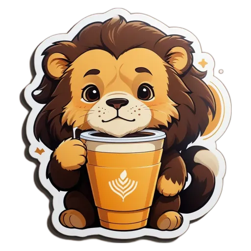 A lion drinking from a cup with a leaf on the cup.