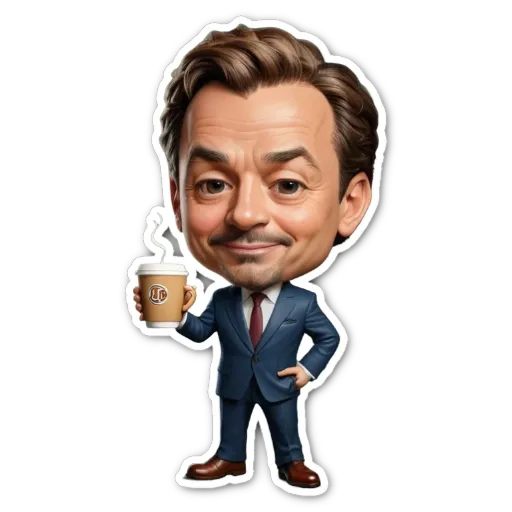 A cartoon depiction of a man in a suit holding a cup of coffee.