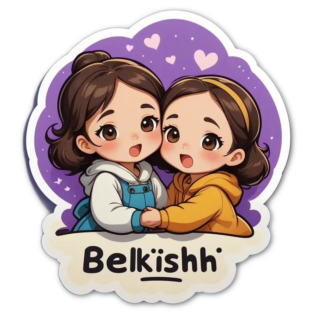 Two girls with hearts between their fingers that say belkish.