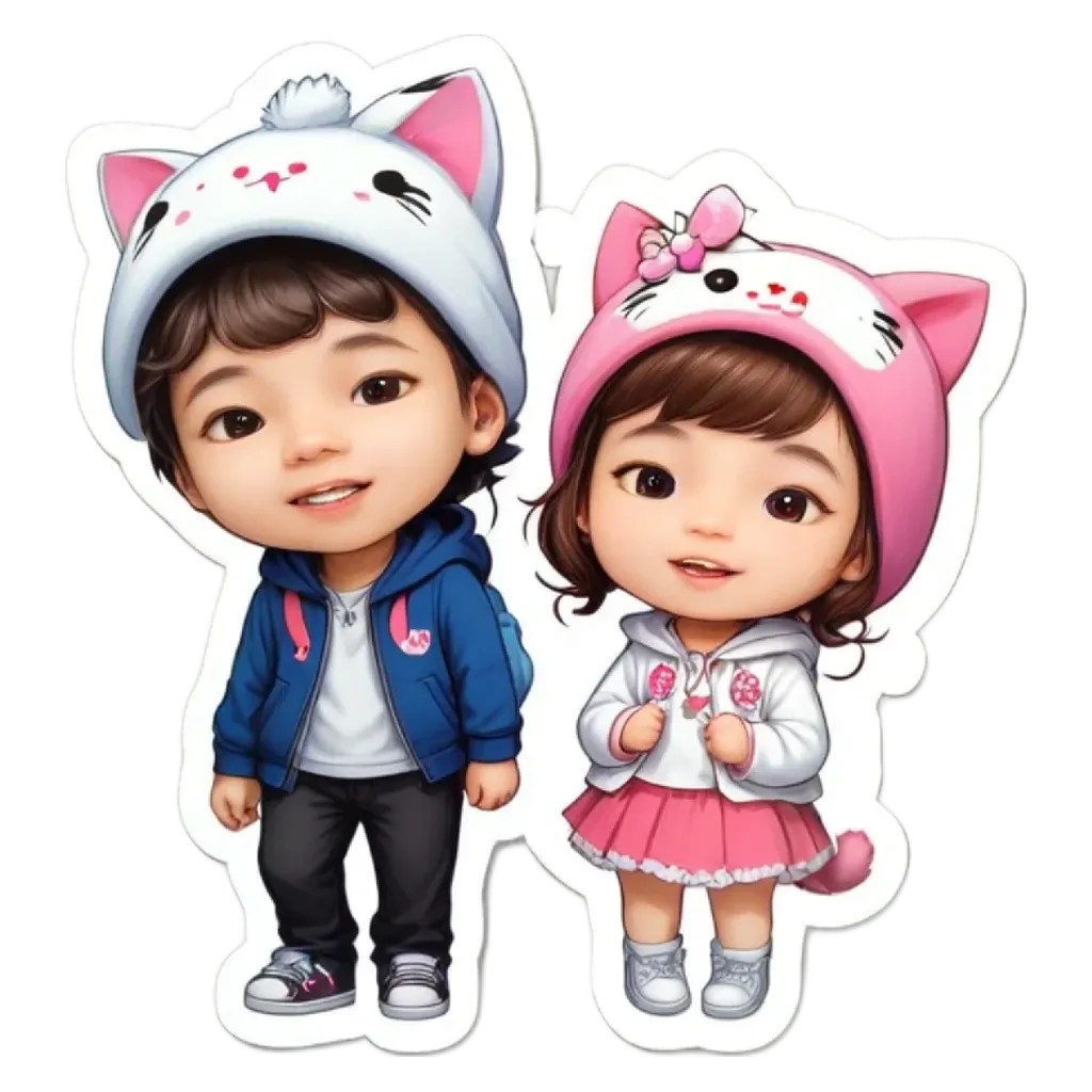 A boy and girl wearing cat ears and jackets.