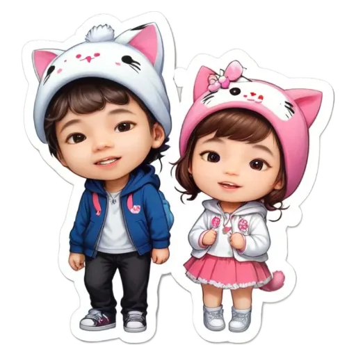 A boy and girl wearing cat ears and jackets.