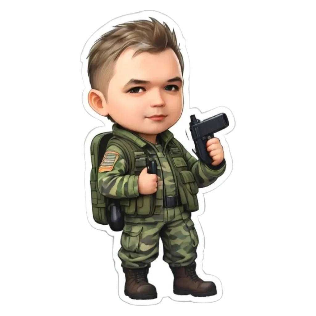 A cartoon depiction of a boy in army uniform holding a gun.