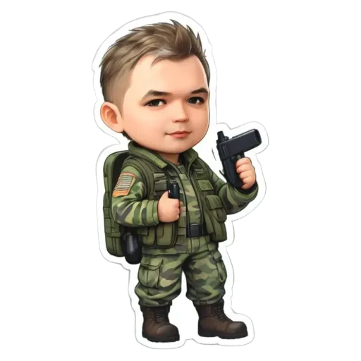 A cartoon depiction of a boy in army uniform holding a gun.