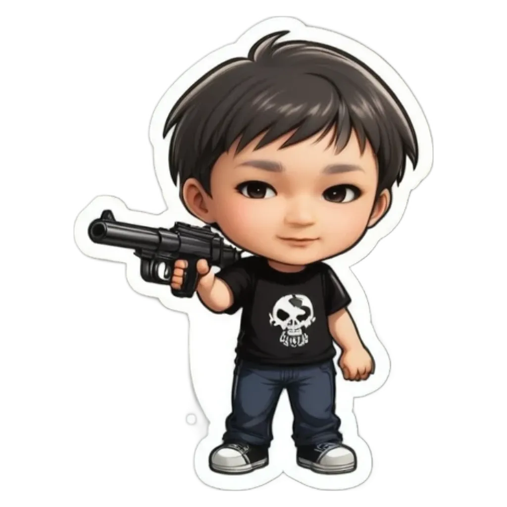 A boy is holding a gun in a black shirt.