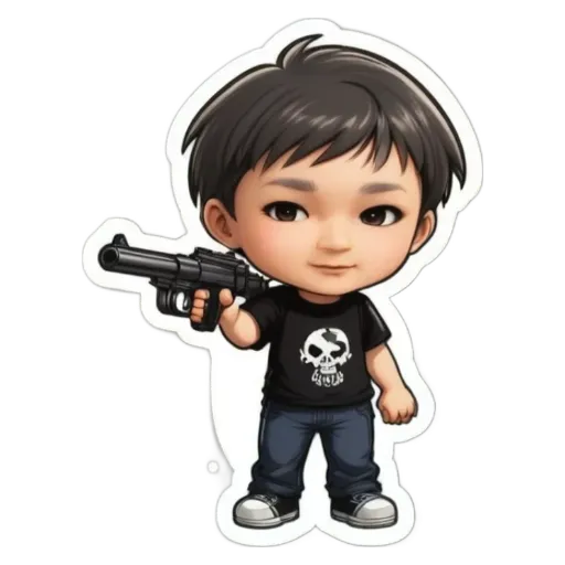 A boy is holding a gun in a black shirt.