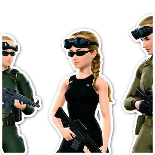 Three Sims with guns are in a row on a black background.