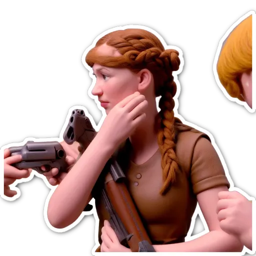 A sticker of a girl with a gun that is on a black background.