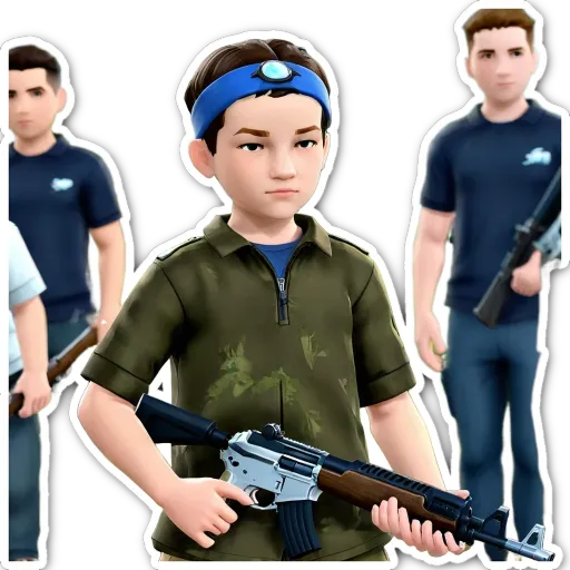 A boy is holding a toy gun and is surrounded by other boys and a man with a blue headband.