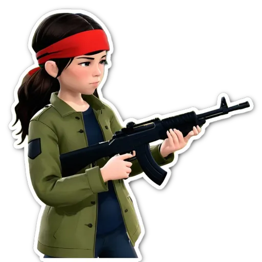 A girl with a bandanna on her head holding a toy gun.