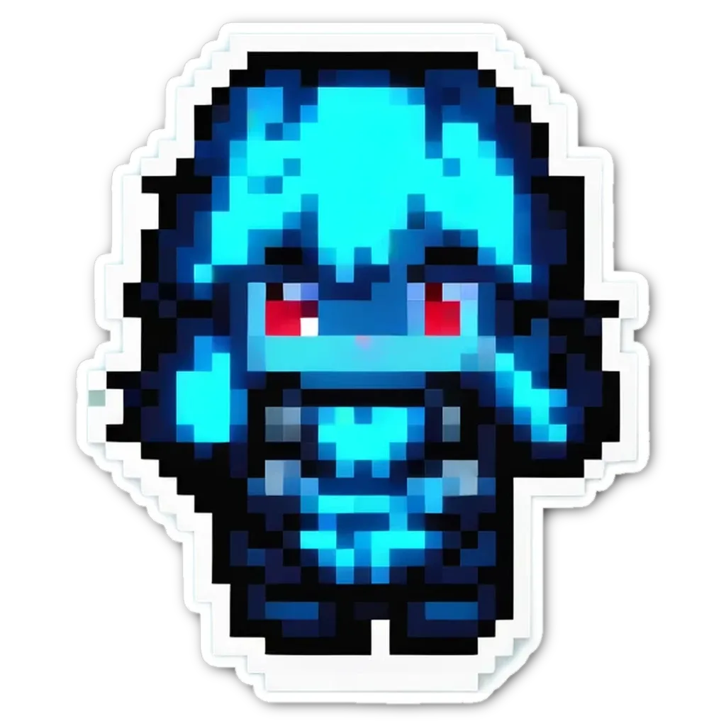 A blue character from a video game is looking at the camera.