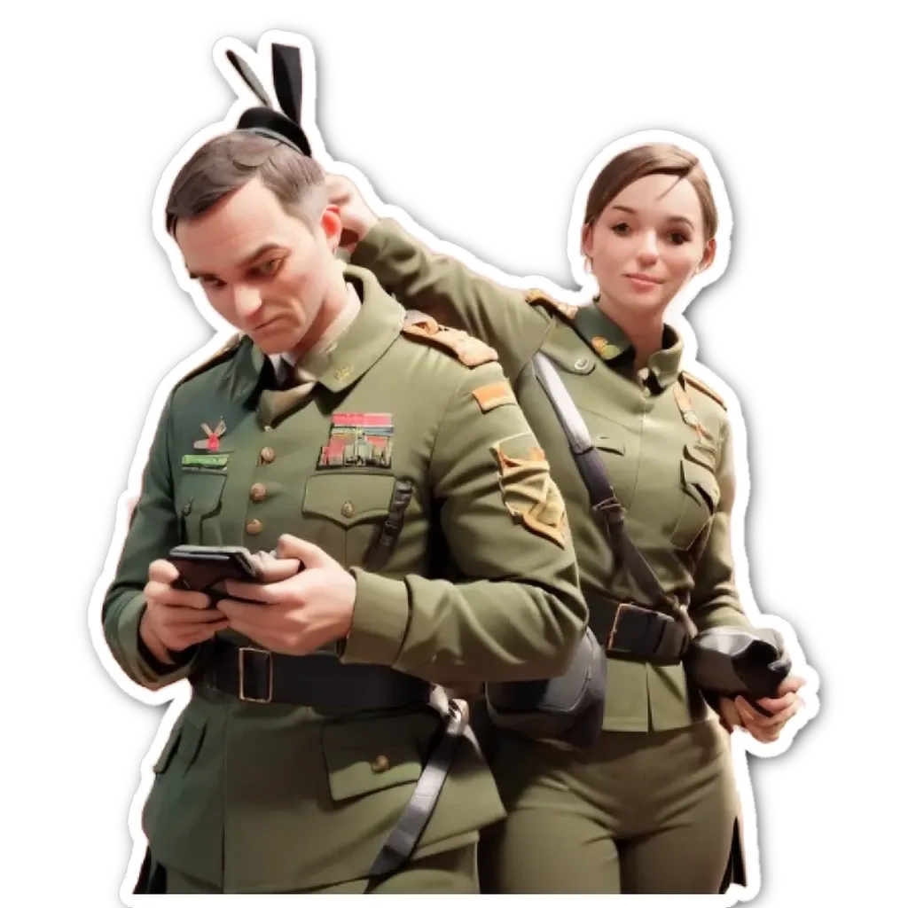 A man and a woman in uniform looking at their phones.