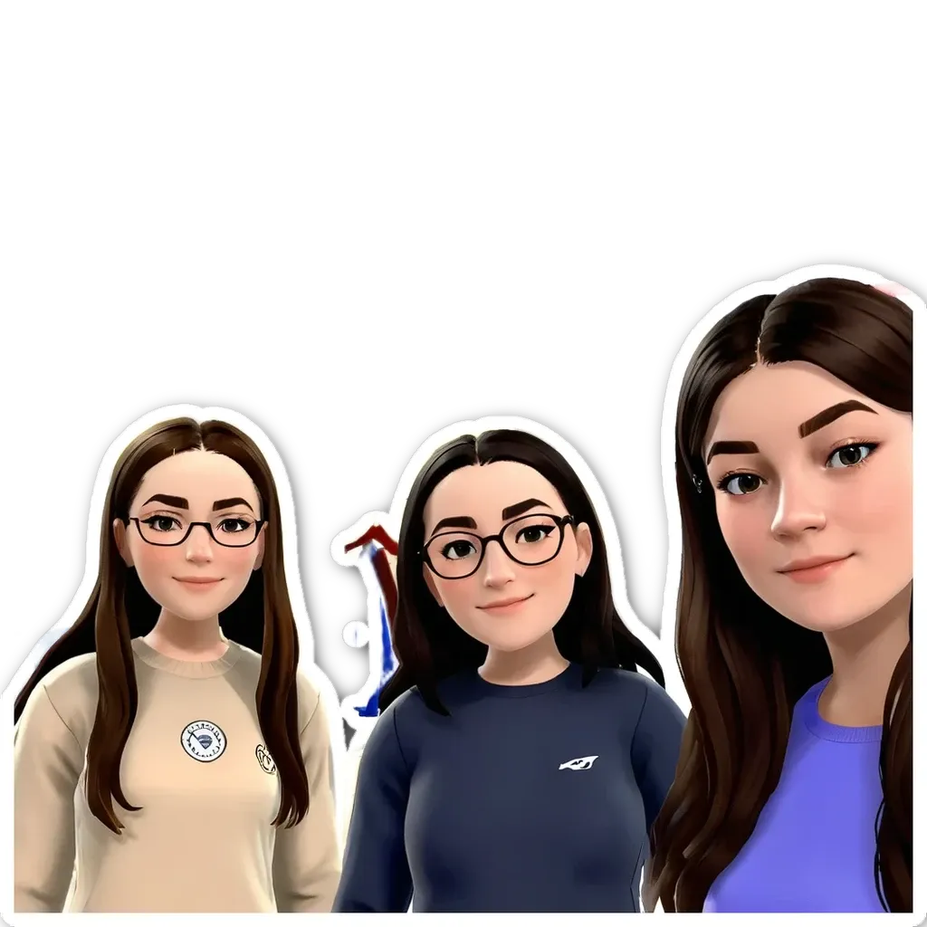 Three 3d printed women wearing glasses and a blue shirt with the number 1 on it.