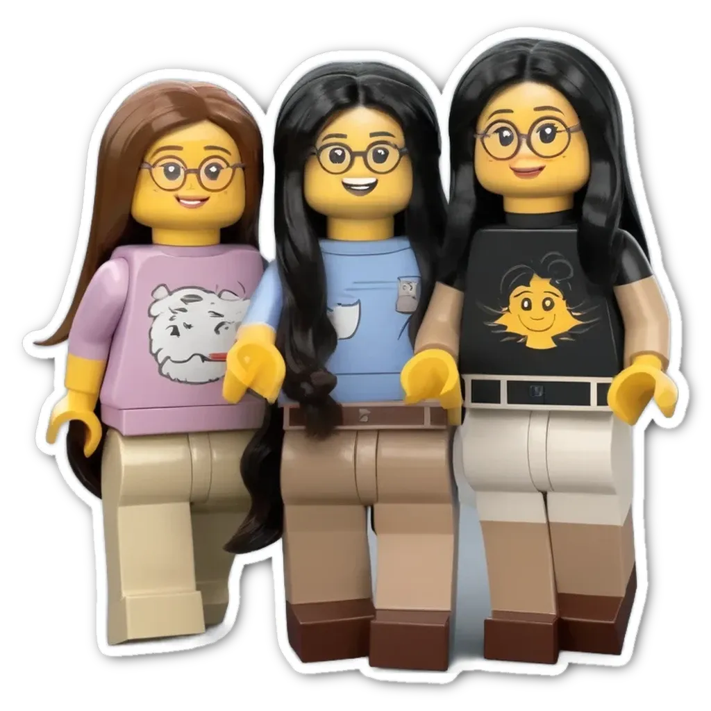 Three legos that are brown and blue with smiles.