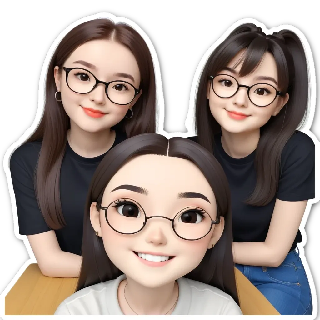 Three girls wearing glasses and sitting in front of a black background.