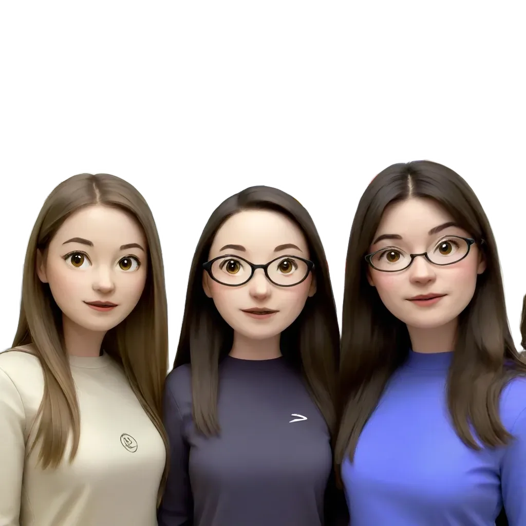 Three girls wearing glasses and a purple shirt are shown together.