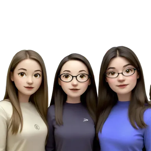 Three girls wearing glasses and a purple shirt are shown together.