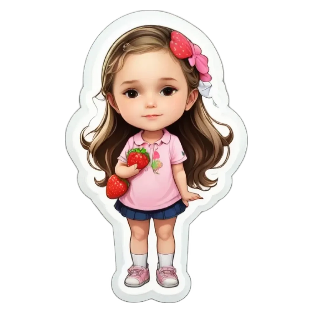 A girl holding a strawberry is in a pink shirt.