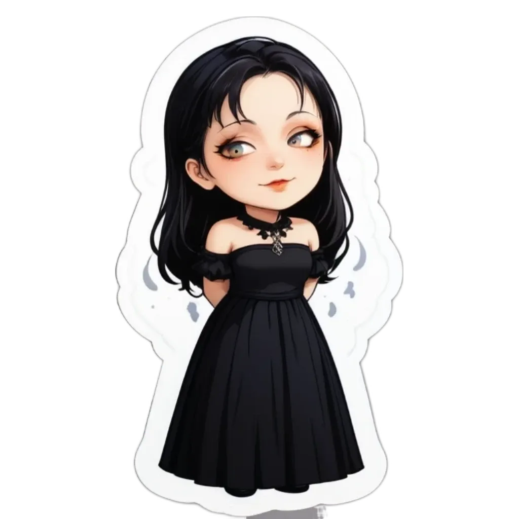 A girl is standing in front of a white background with black dress and black hair.