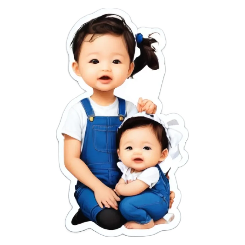 A child wearing overalls and a white shirt, sitting on another child.