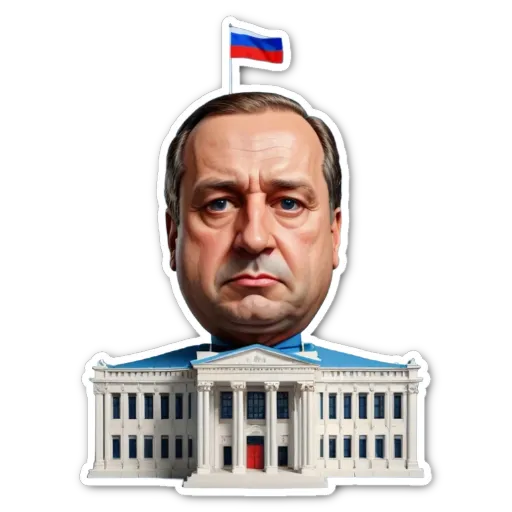 A sticker of a man with a flag on his head that is of a white building.