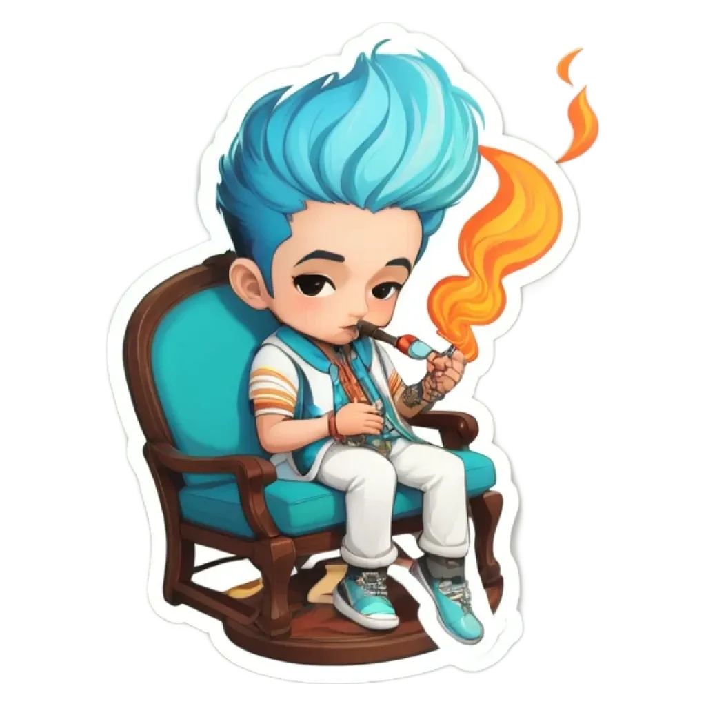 A boy with a blue head has a pipe in his mouth.