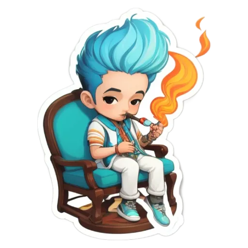 A boy with a blue head has a pipe in his mouth.