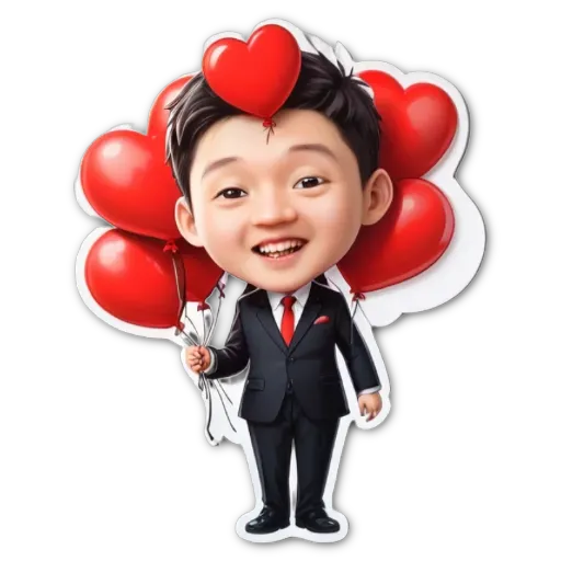 A boy wearing a suit and tie with hearts on the head holding balloons.