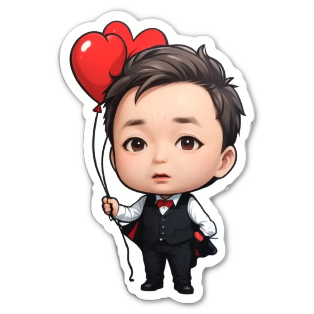 A boy wearing a tuxedo holding a heart shaped balloon.