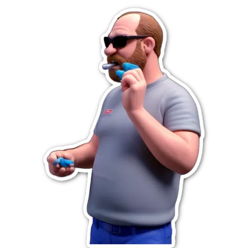 A sticker of a man with a beard and sunglasses holding a blue object.