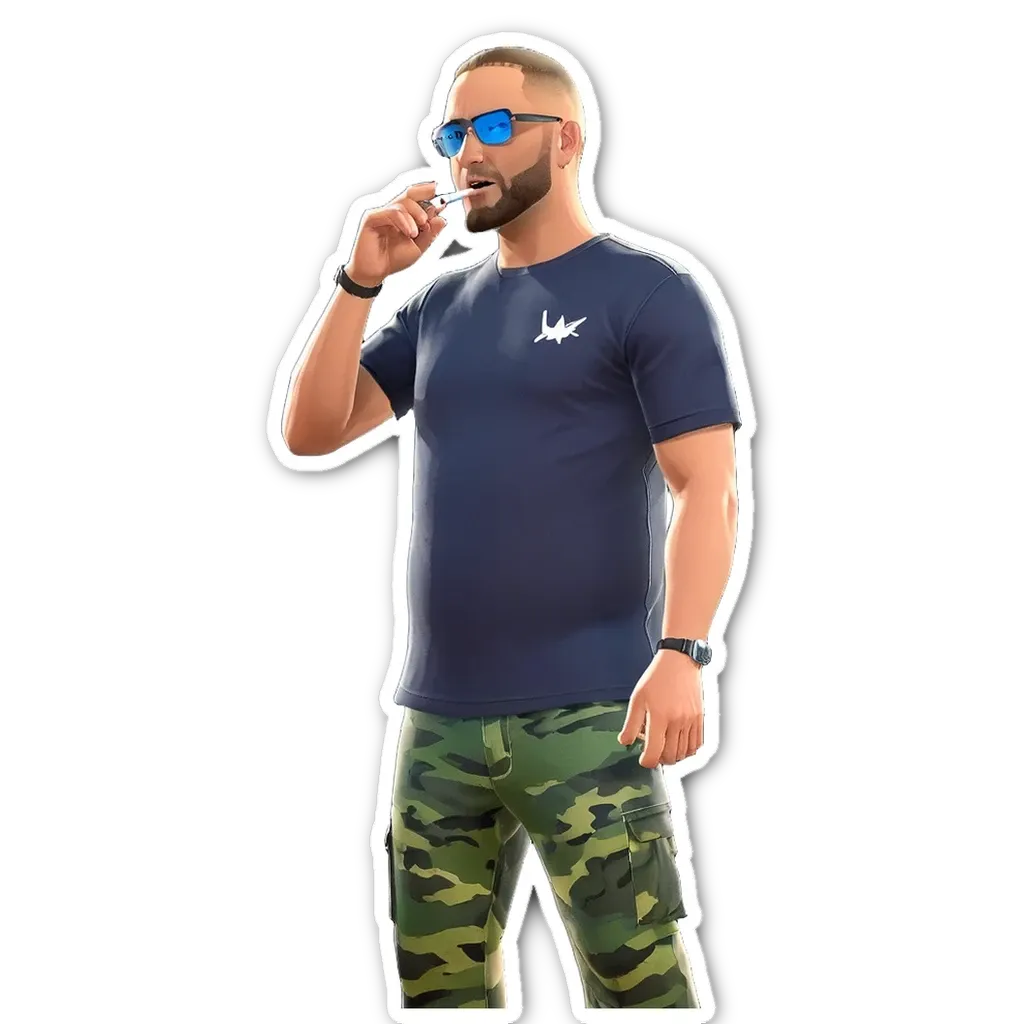 A man in sunglasses is in a camo outfit and a blue tshirt.