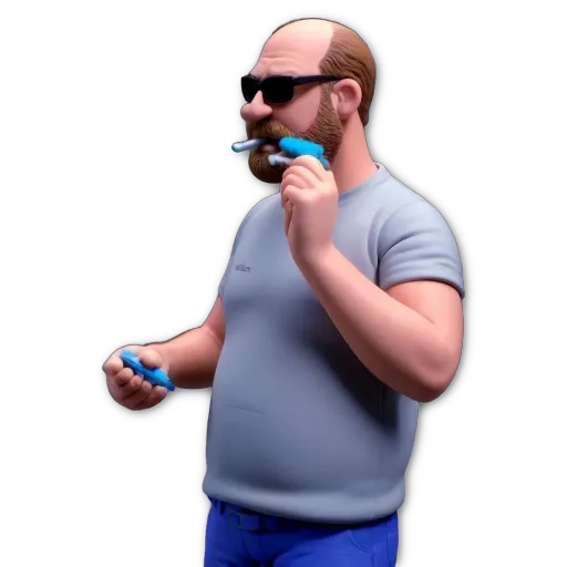 A cartoonish man with a beard and glasses holding a toothbrush in his mouth.